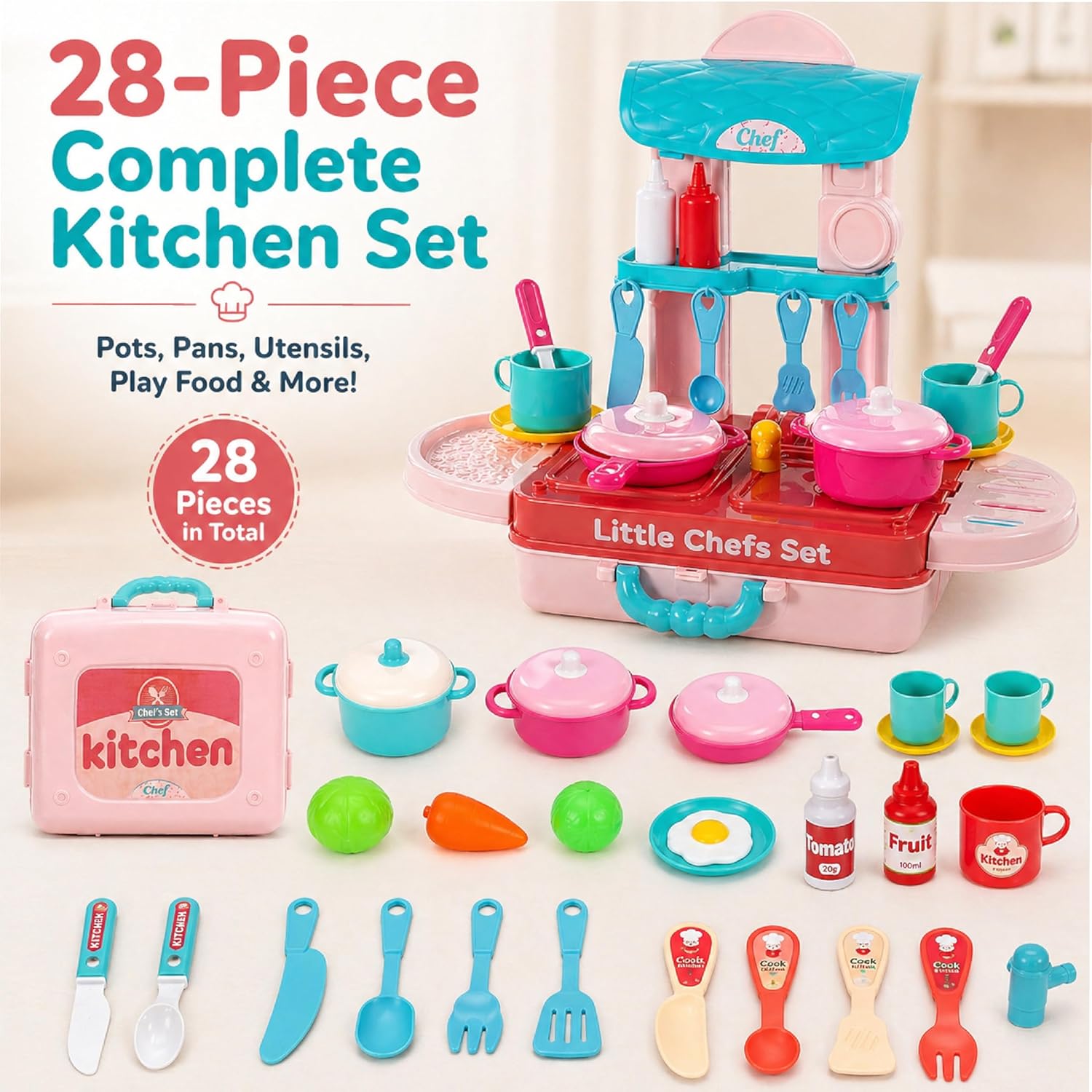 Lifelong Compact Kitchen Play Set with Portable Suitcase & 28 Cooking Accessories