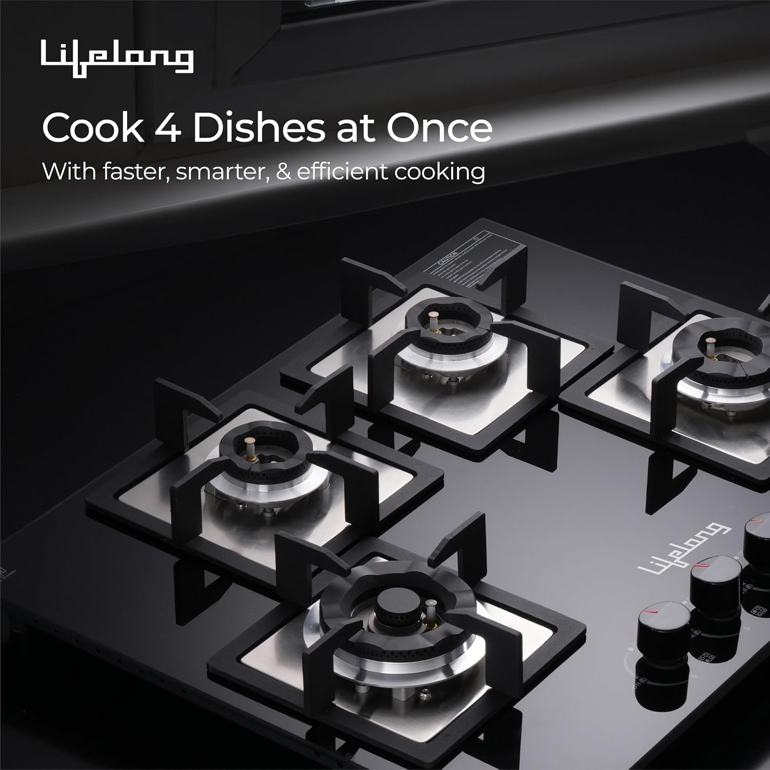 Lifelong 4 Burner Built-In Hob | 8mm Thick Toughened Glass | 360° Multidirectional Gas Inlet