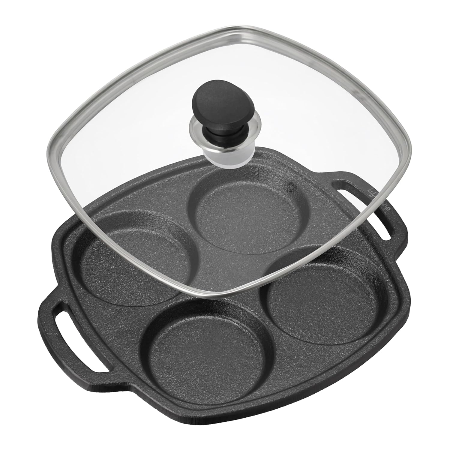 Lifelong Cast Iron Multi Snack Pan with Glass Lid | Pre-Seasoned Naturally Non-Stick Cookware | 4-Pit Snack Pan for Uttapam, Appe, Eggs, Idli, & Pancakes | Durable & Toxin-Free | 3cm Deep, 33cm Wide