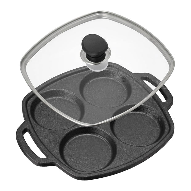 Lifelong Cast Iron Multi Snack Pan with Glass Lid | Pre-Seasoned Naturally Non-Stick Cookware | 4-Pit Snack Pan for Uttapam, Appe, Eggs, Idli, & Pancakes | Durable & Toxin-Free | 3cm Deep, 33cm Wide