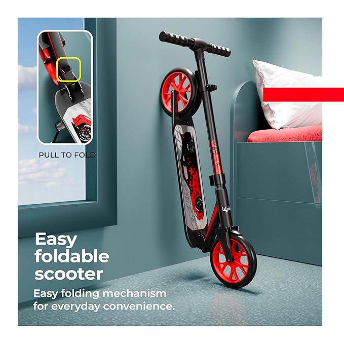 Kids Kick Scooter with Adjustable Height – Aluminium Frame (Black & Red)