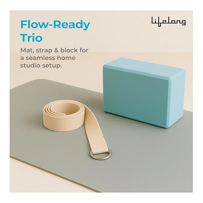 Lifelong Yoga Combo Set of 3 – 4mm Yoga Mat, 6ft Yoga Belt & Yoga Block for Men & Women