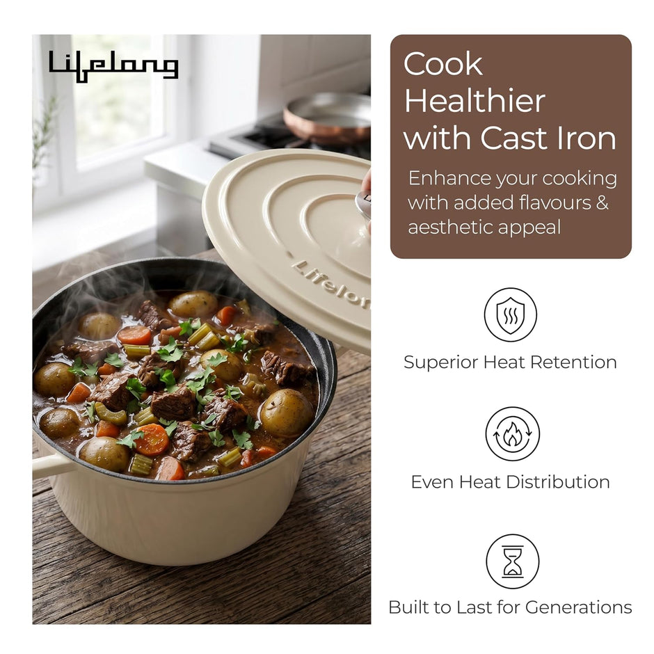 Lifelong Enamel Cast Iron Casserole with Lid (3.8L, 24cm) | Oven, Gas & Induction Compatible