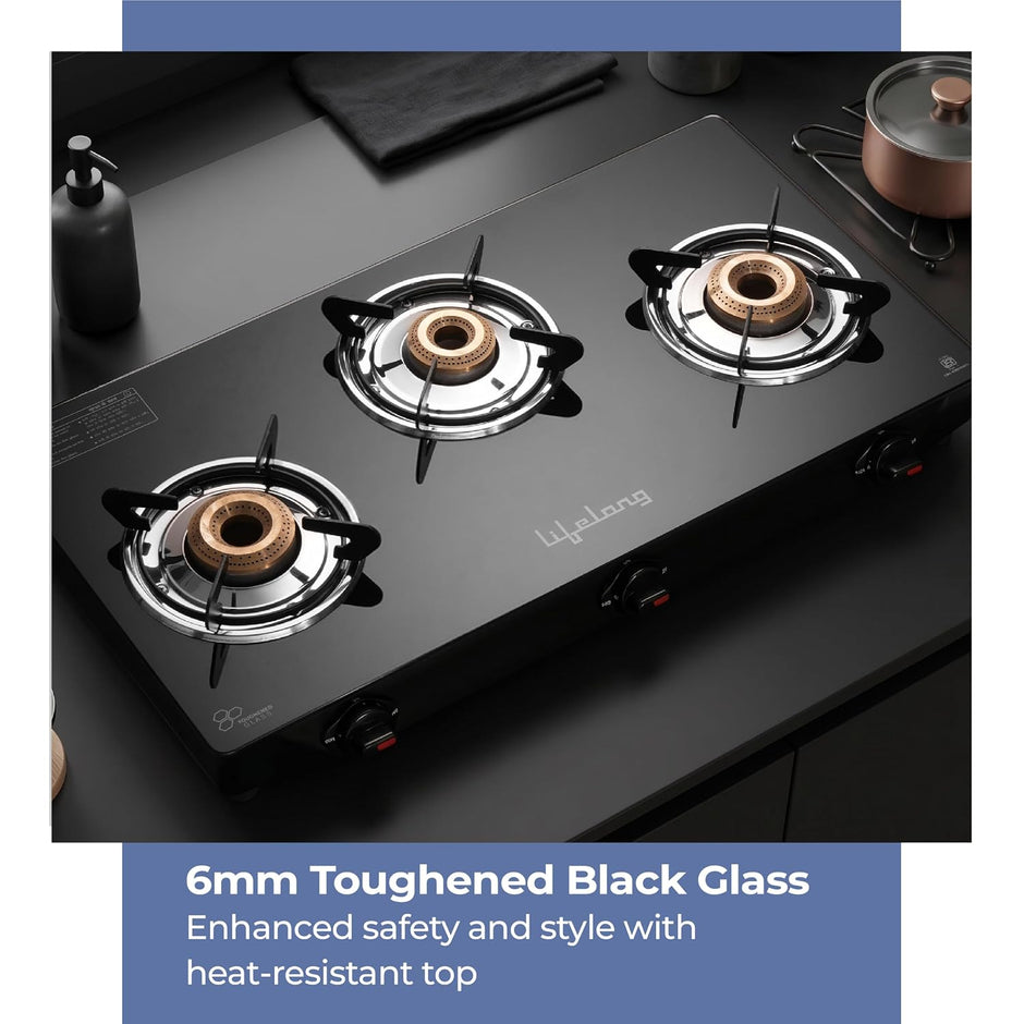 Lifelong 3 Burner Gas Stove Brass Burner Manual Ignition Cooktop Modern Glass Stove for Modular Kitchen