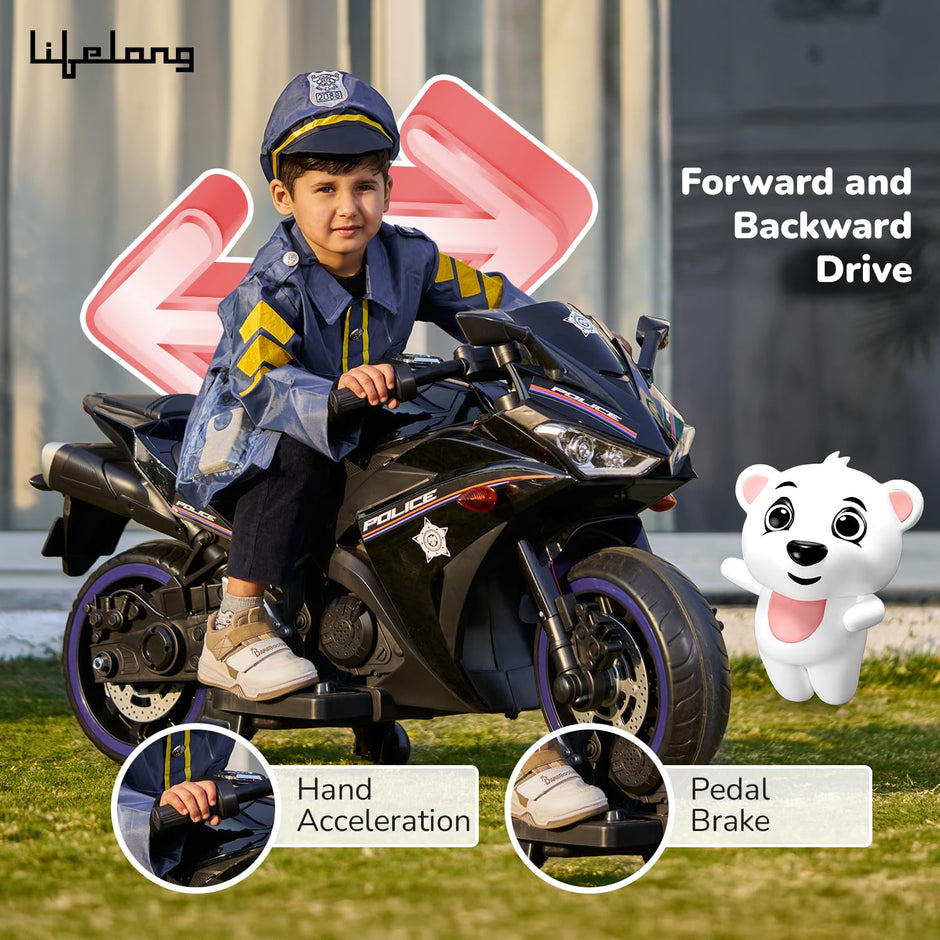 Lifelong Cuppy Electric Ride-On Police Bike for Kids – LED Lights, Bluetooth Music, Battery Bike 2+ Years