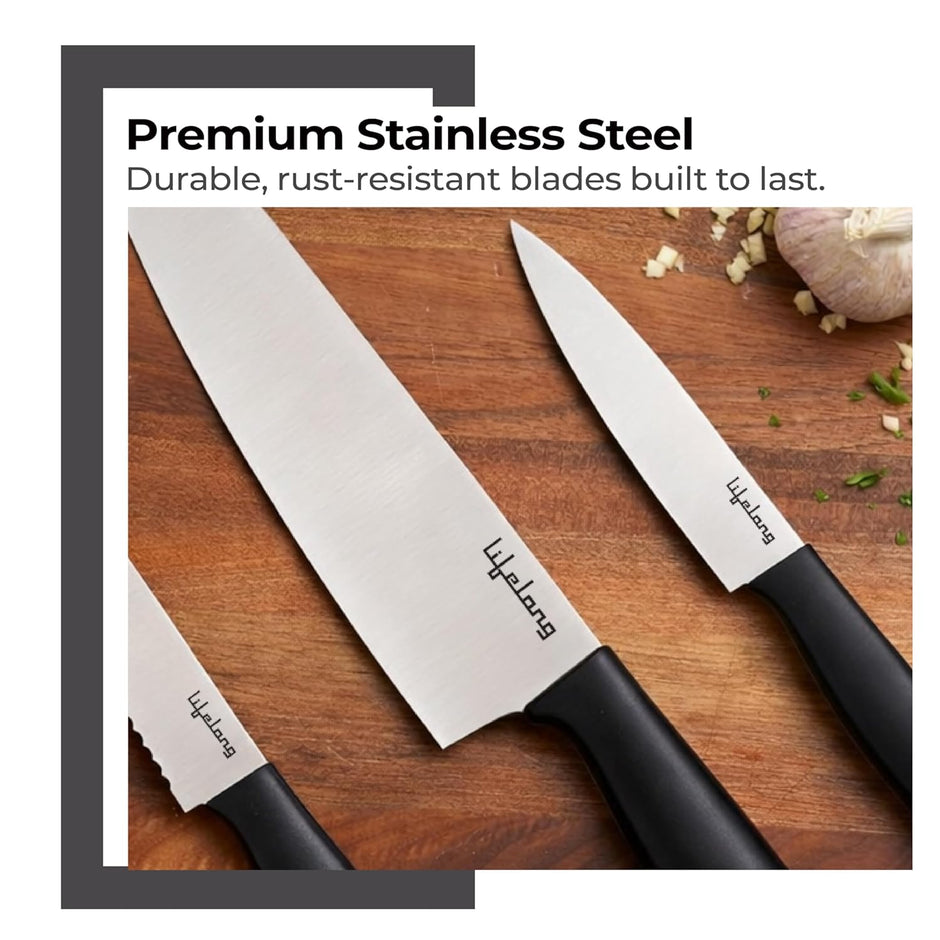 Lifelong Professional 3-Piece Knife Set for Kitchen Use | High Carbon Stainless Steel Chef Utility & Santoku Knives | Ergonomic Blue Handles | Sharp Knives Set for Home & Cooking (LLCTKF03, Blue)