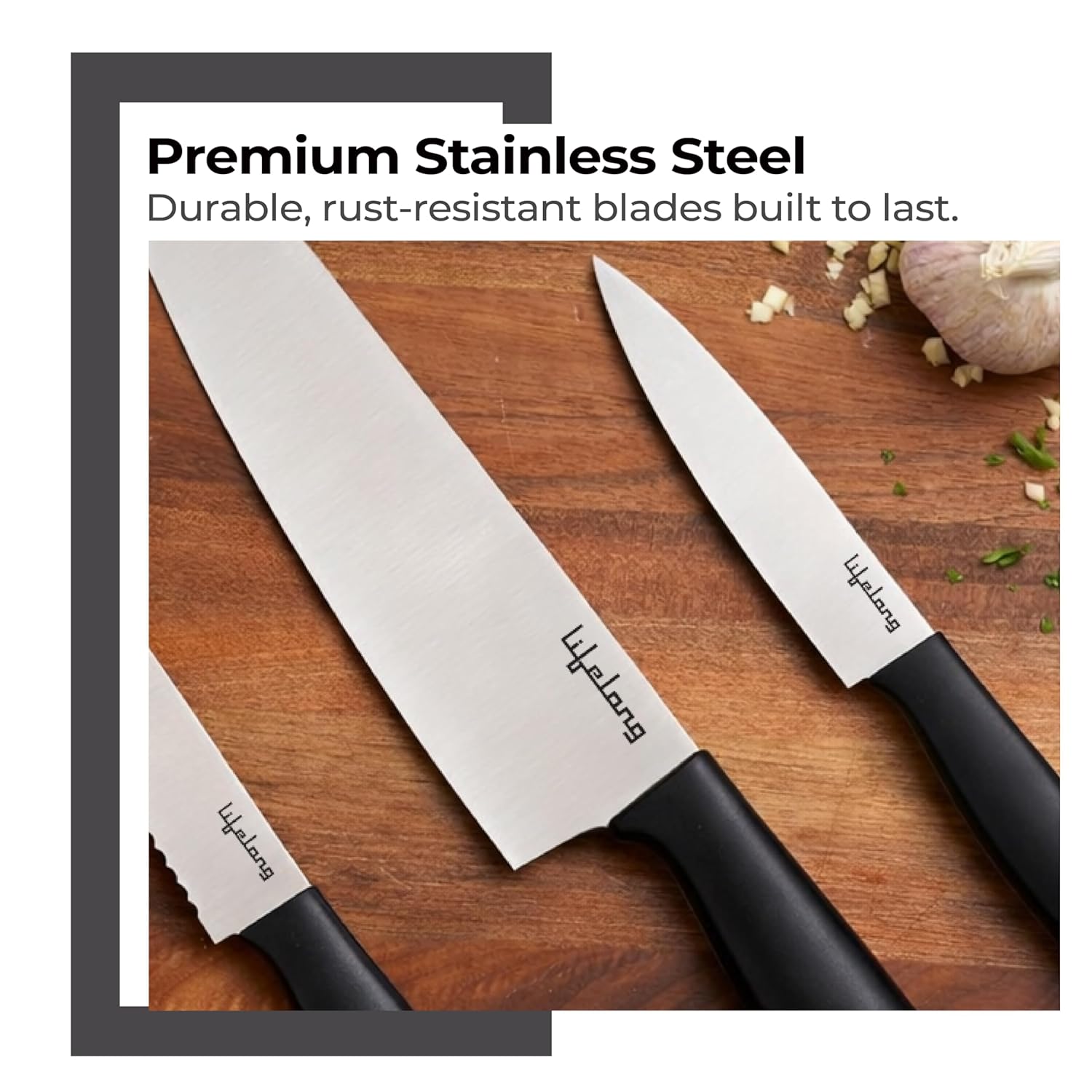 Lifelong Professional 3-Piece Knife Set for Kitchen Use | High Carbon Stainless Steel Chef Utility & Santoku Knives | Ergonomic Blue Handles | Sharp Knives Set for Home & Cooking (LLCTKF03, Blue)