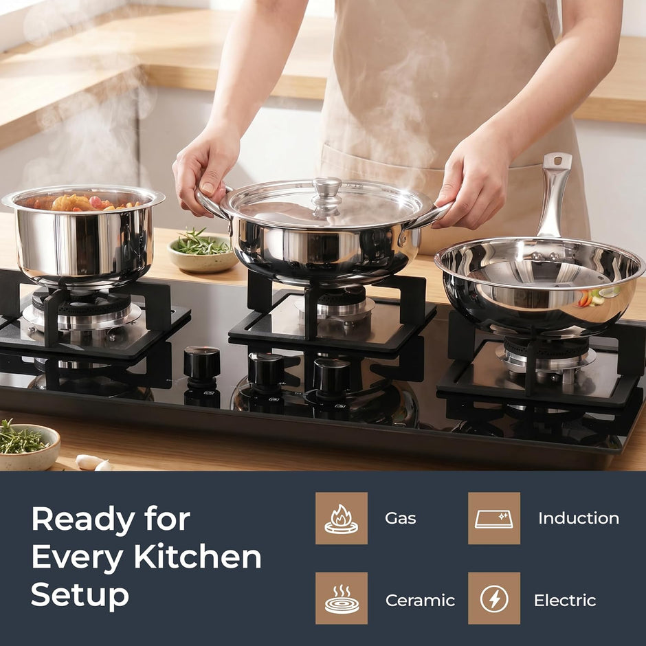 Lifelong Stainless Steel Cookware Set of 5 | Kadhai (2.2L), Fry Pan (1.4L), Saucepan (1.2L), Tope (1.4L) with SS Lid