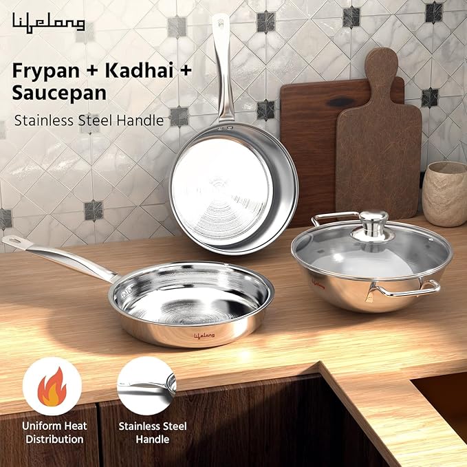 Lifelong Stainless Steel Cookware Set – Kadai, Fry Pan (22cm) with Glass Lid & Saucepan (14cm), Sandwich Bottom, Induction & Gas Compatible