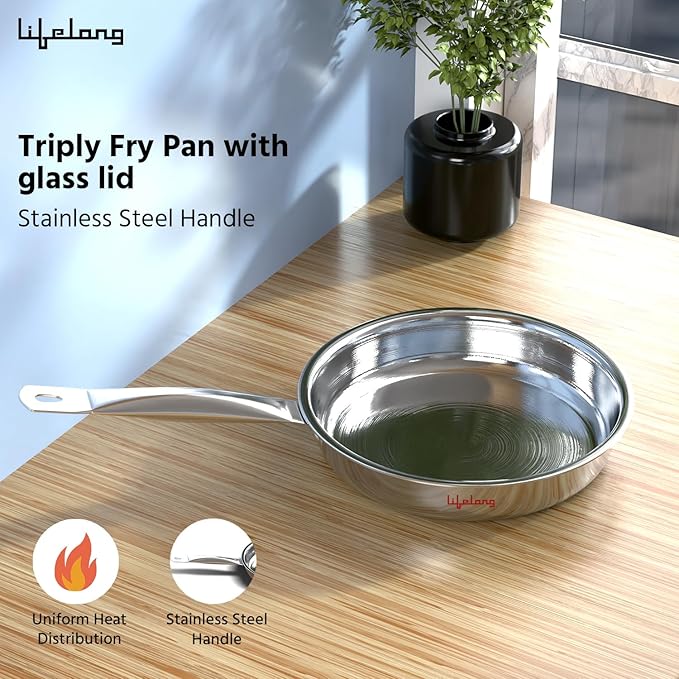 Tri-Ply Stainless Steel Fry Pan – 22 cm, 1.25L (Silver)
