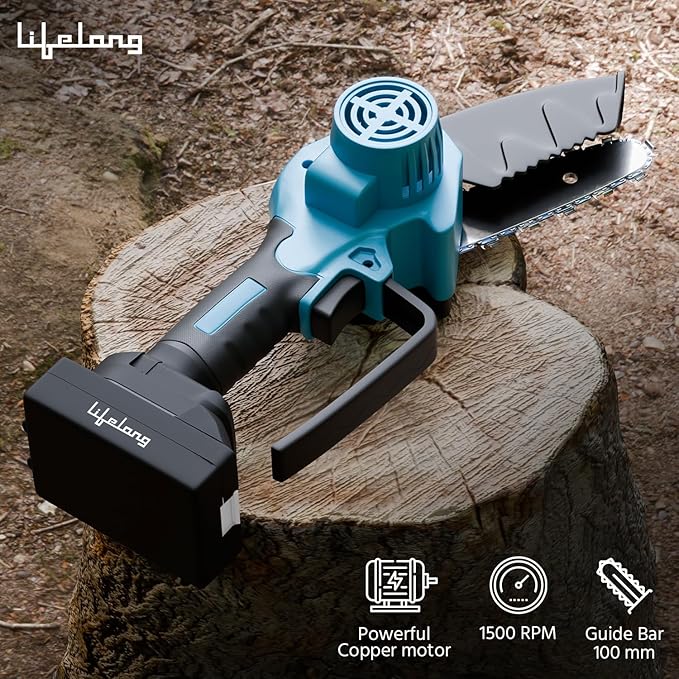 Lifelong Cordless Mini Chainsaw – 21V Battery Powered One-Hand Chainsaw for Wood Cutting, Tree Trimming & Gardening (Lightweight, Portable)