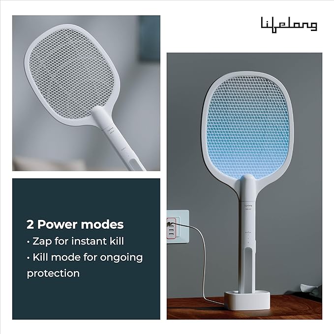 Lifelong 2-in-1 Foldable Electric Mosquito Racket – Rechargeable 1200mAh Bat with UV Light Trap, Type-C Charging & Base Stand