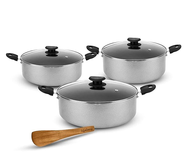 Lifelong Biryani Pot Set of 3 with Glass Lids – Non-Stick, Non-Toxic Induction Base Casserole Cookware