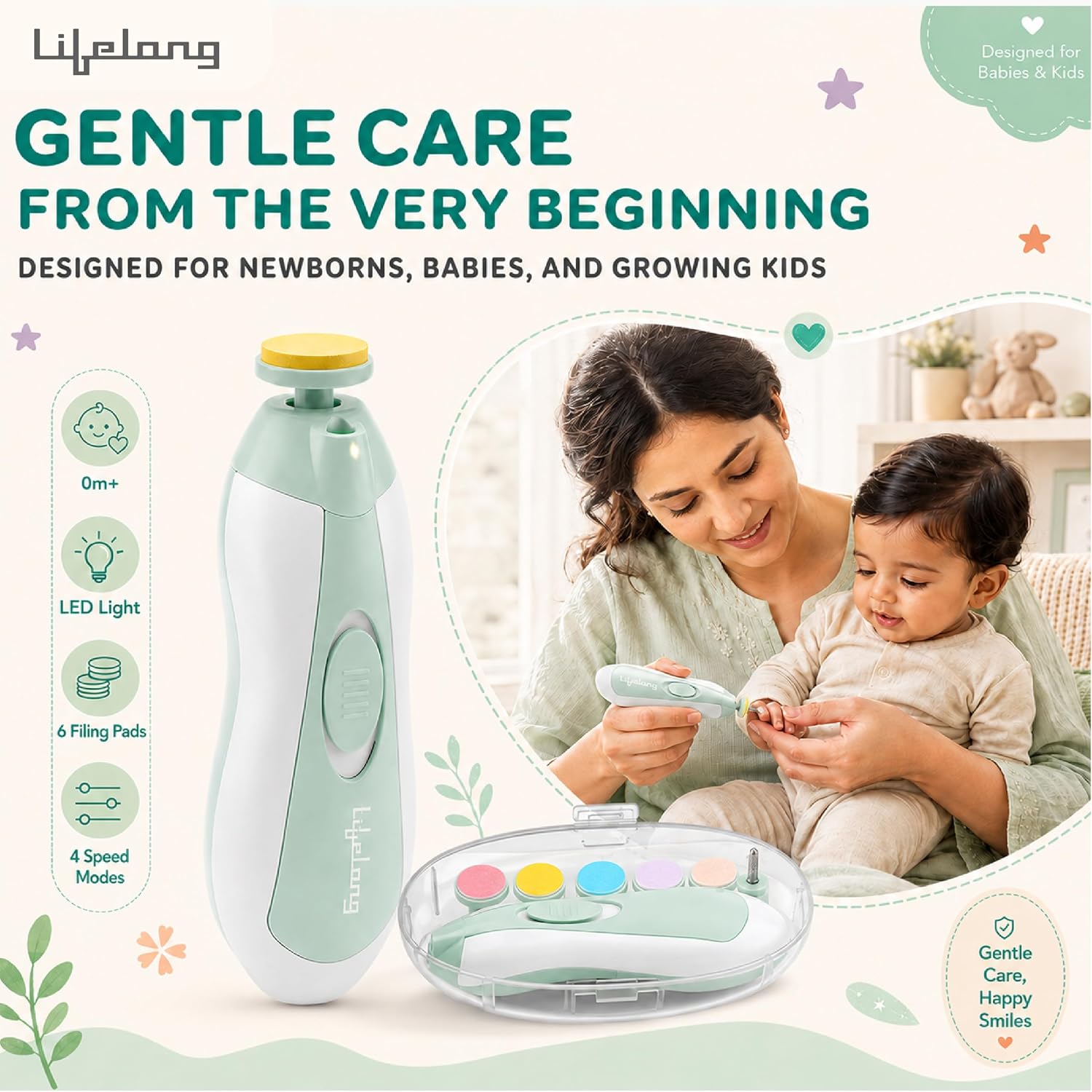 Lifelong Baby Electric Nail Trimmer Kit – 5 Grinding Heads, Gentle & Safe Nail Care for Newborns, Infants & Toddlers