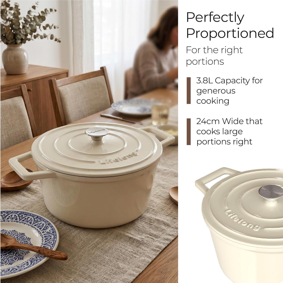 Lifelong Enamel Cast Iron Casserole with Lid (3.8L, 24cm) | Oven, Gas & Induction Compatible