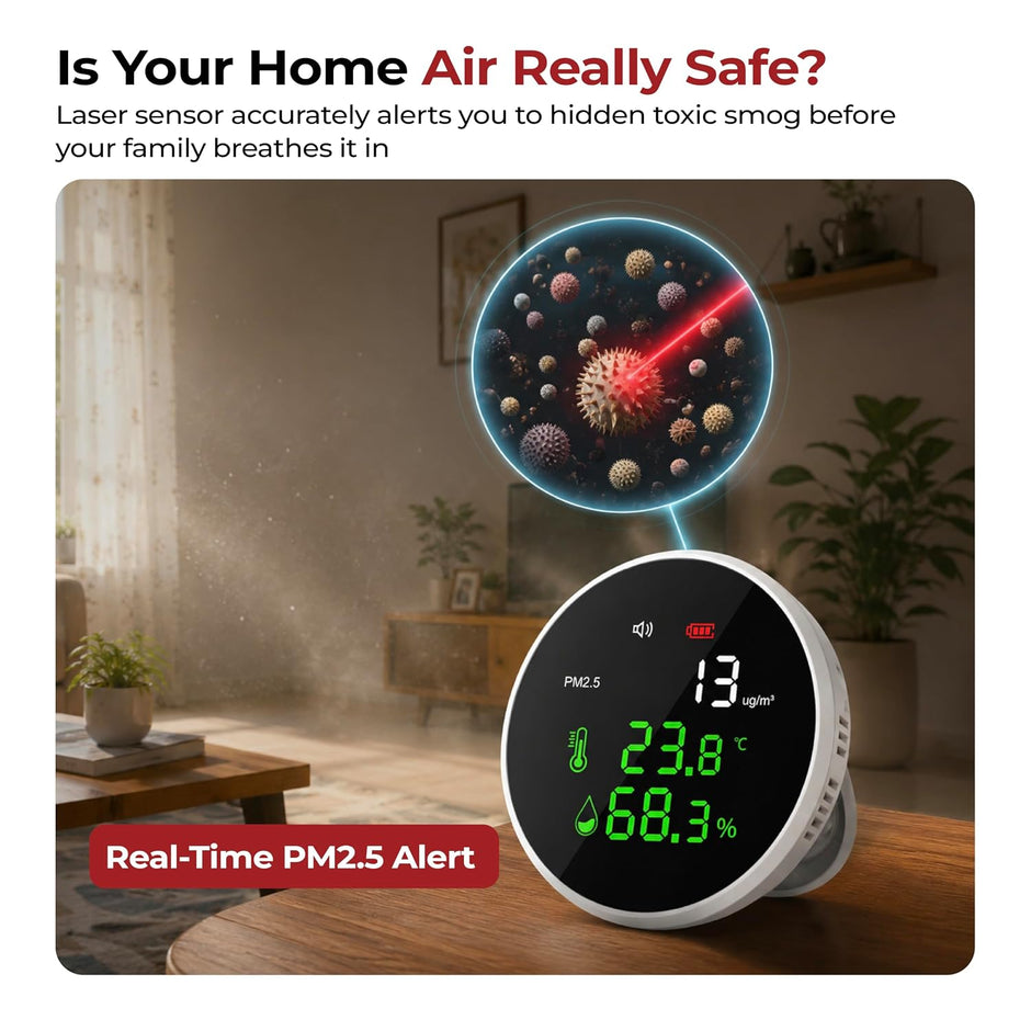 Lifelong 3-in-1 Air Quality Monitor – High-Accuracy Laser Sensor for PM2.5, Temperature & Humidity
