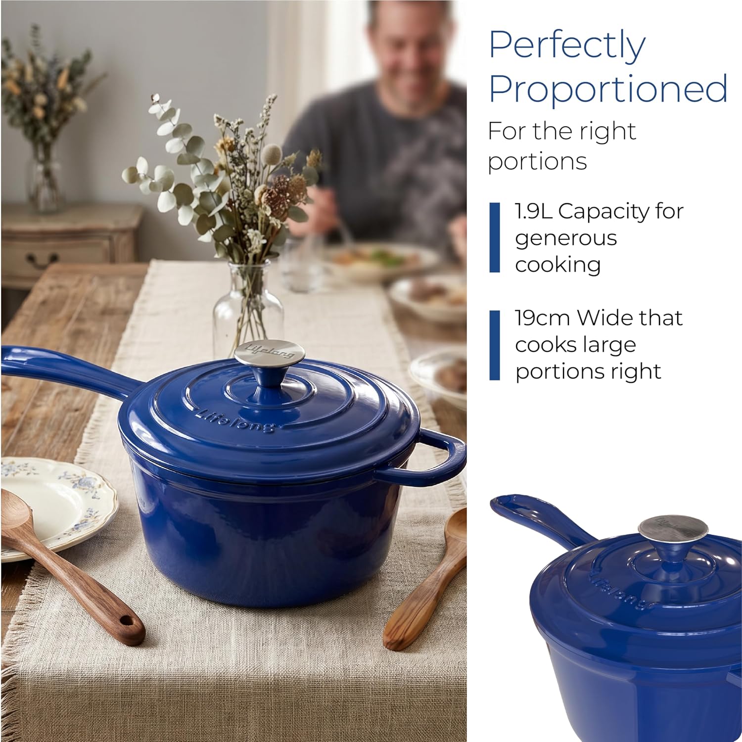 Lifelong Enamel Cast Iron Saucepan with Lid (1.9L, 20cm) | Oven, Gas & Induction Compatible
