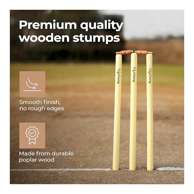 Lifelong Wooden Cricket Stumps Set – Standard Size Wickets with 2 Bails & Protective Cover, Durable Poplar Wood