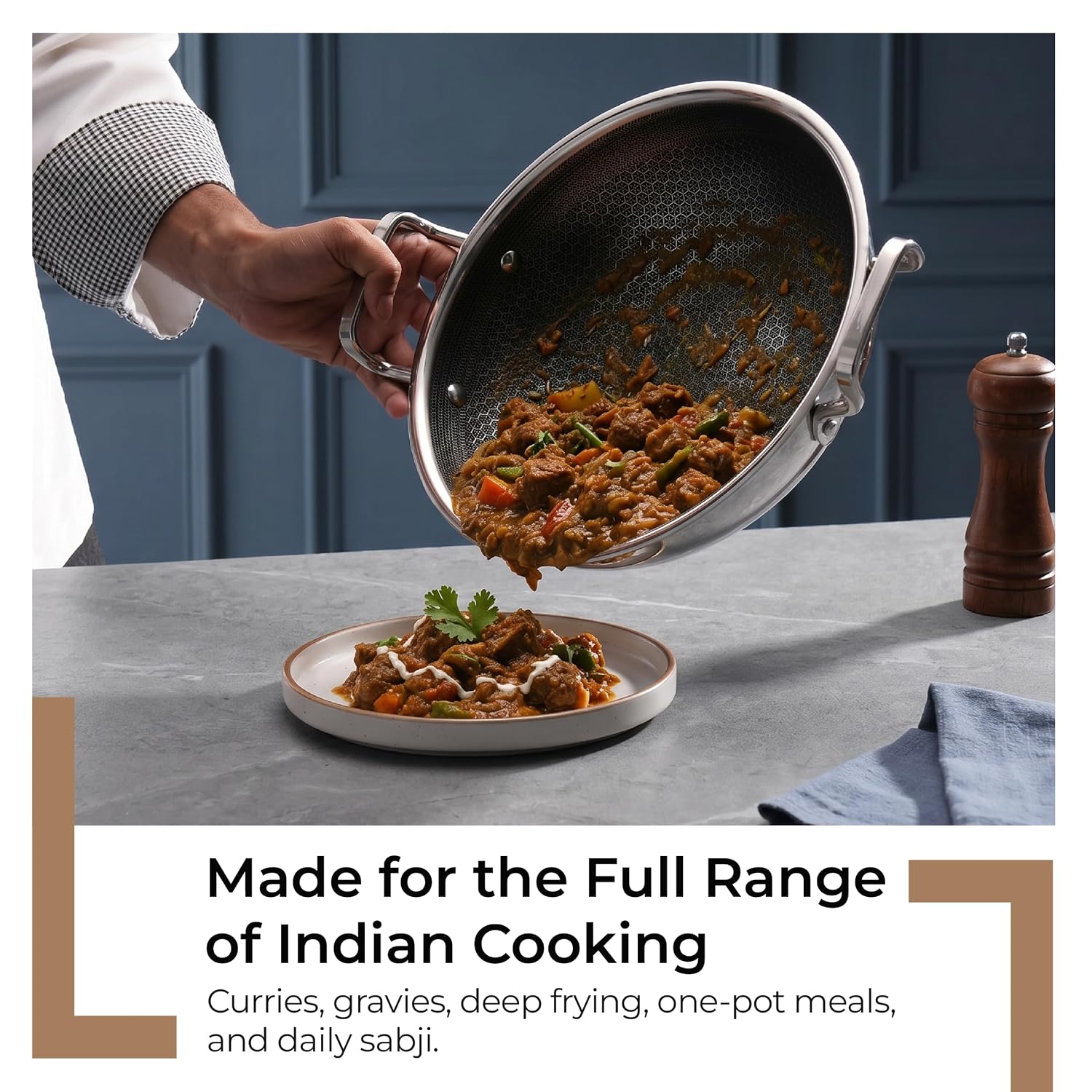Lifelong Triply Honeycomb Kadhai 26 Cm | Extra Deep Stainless Steel | 3-Layered Nonstick Coating