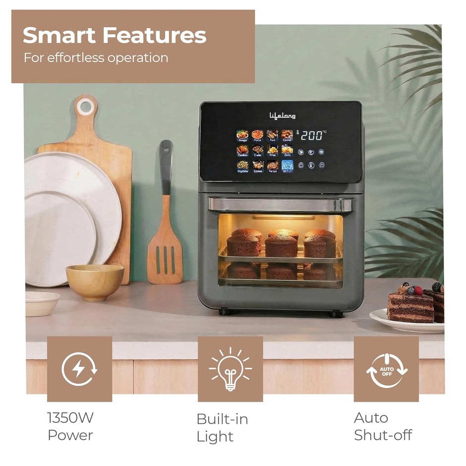 Lifelong Air Fryer Oven 10L | 12 Preset Modes | 1350W Power | Healthy Low Oil Cooking, Rapid Air Technology, Glass Lid | LED Touch Display | Nonstick Easy Clean Kitchen Appliance with Oil Drip Tray