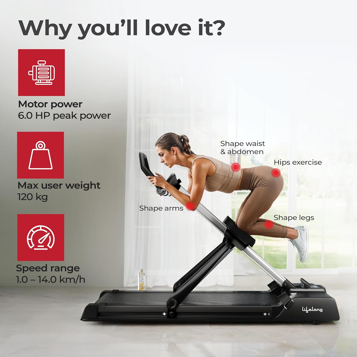 Lifelong FitPro 3-in-1 Treadmill – 6HP Motor, Foldable, Rowing & Ab Trainer