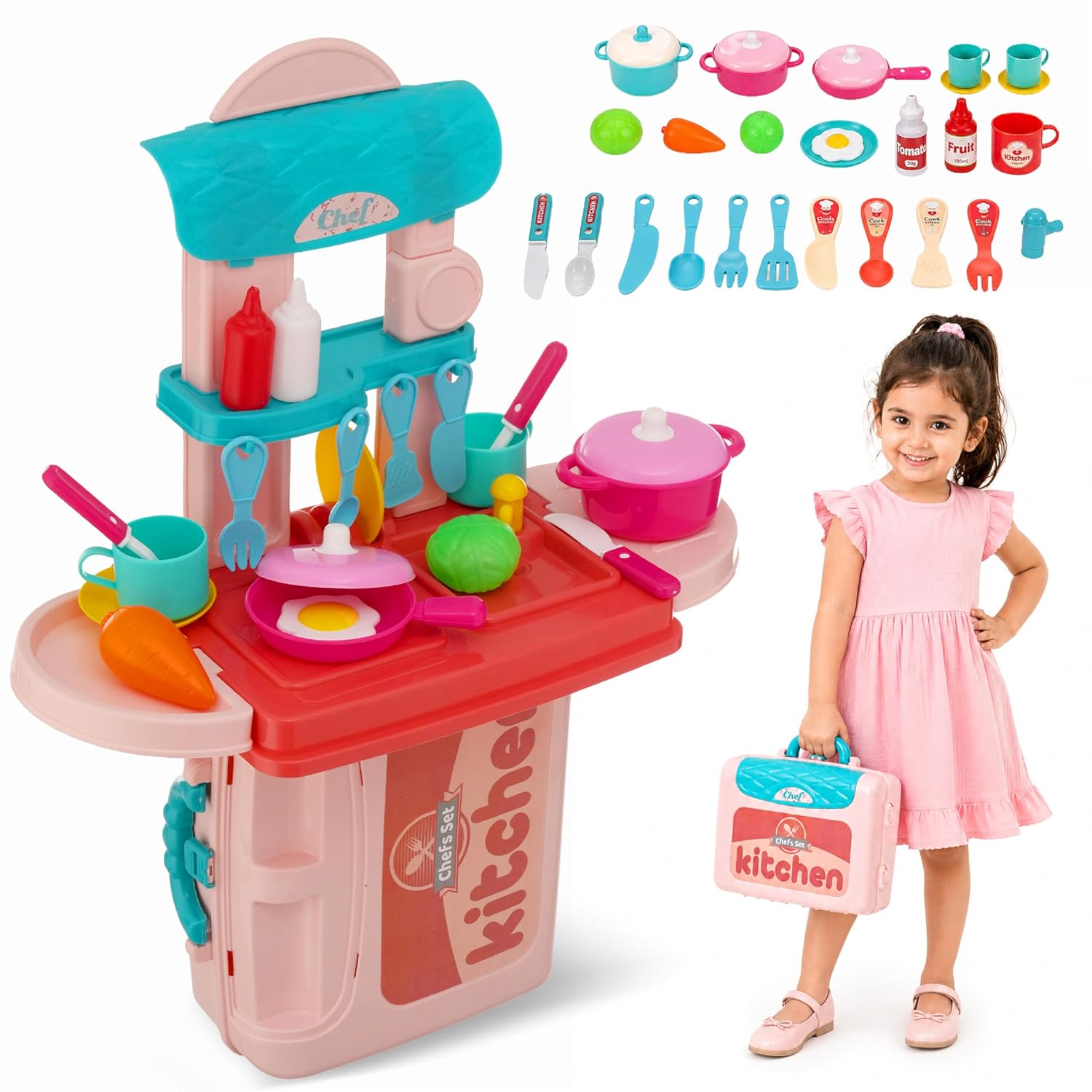 Lifelong Compact Kitchen Play Set with Portable Suitcase & 28 Cooking Accessories