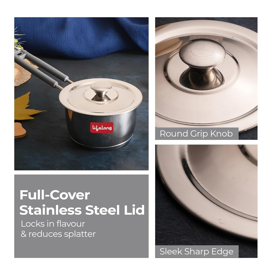 Lifelong Stainless Steel Heavy Bottom Saucepan with Glass Lid | 18cm, 2.25 L | Induction & Gas Stove Compatible | Saucepan with Handle & Knobs | Tea, Milk-Boiling Pot (LLSSP18, Silver), 2250 ml