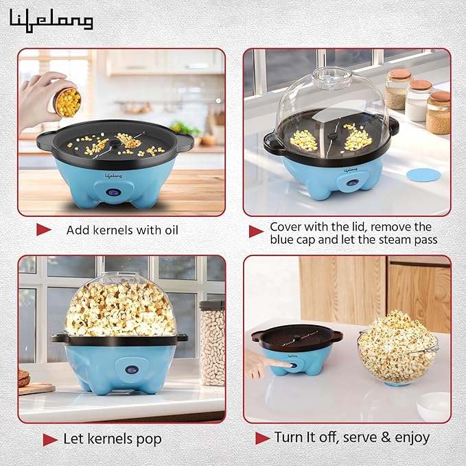 Lifelong Electric Popcorn Maker – Non-Stick, Oil Use, Serving Bowl Lid (LLEPM09)