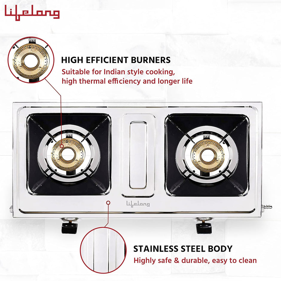 Lifelong LLGS199 Stainless Steel 2 Burner Gas Stove, ISI Certified, Manual Ignition, Silver (1 Year Door-step Warranty)
