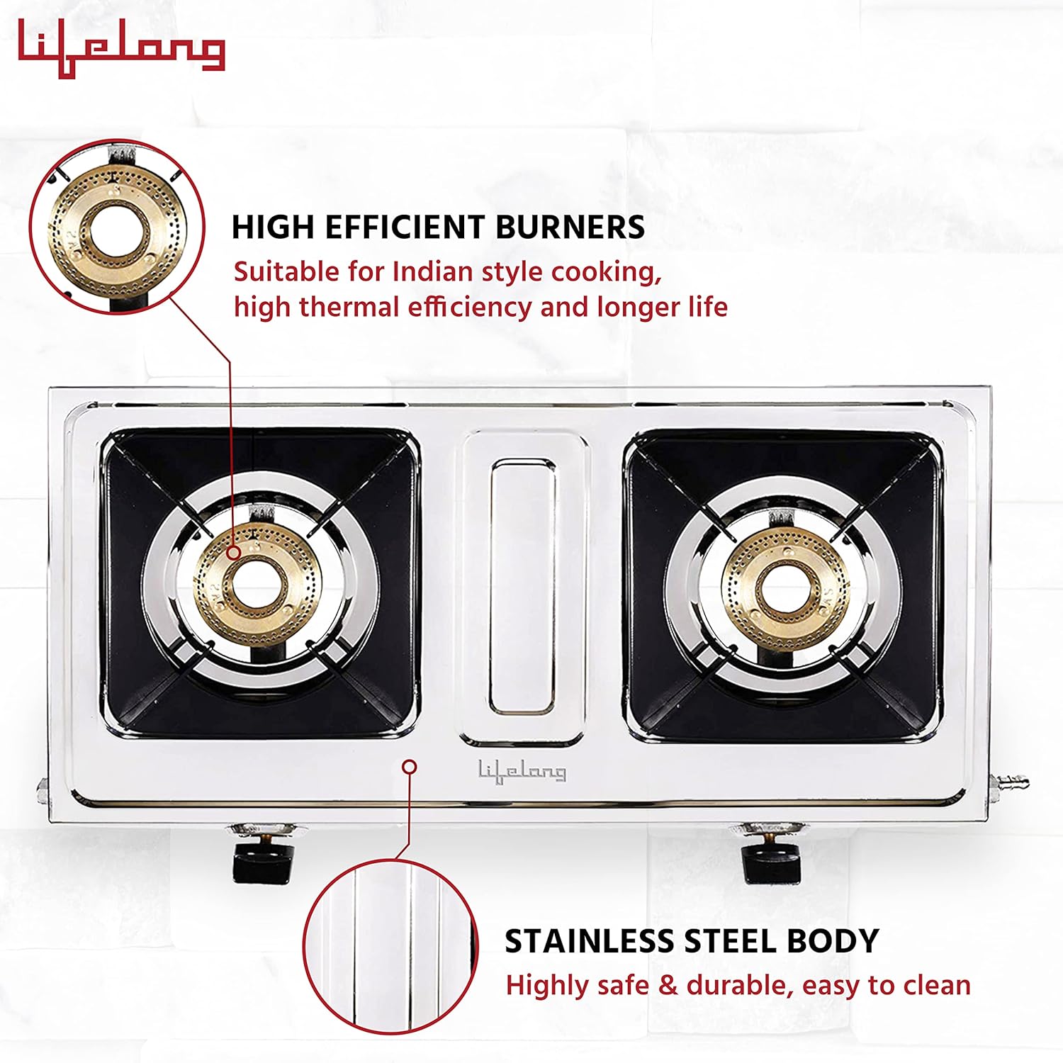 Lifelong LLGS199 Stainless Steel 2 Burner Gas Stove, ISI Certified, Manual Ignition, Silver (1 Year Door-step Warranty)