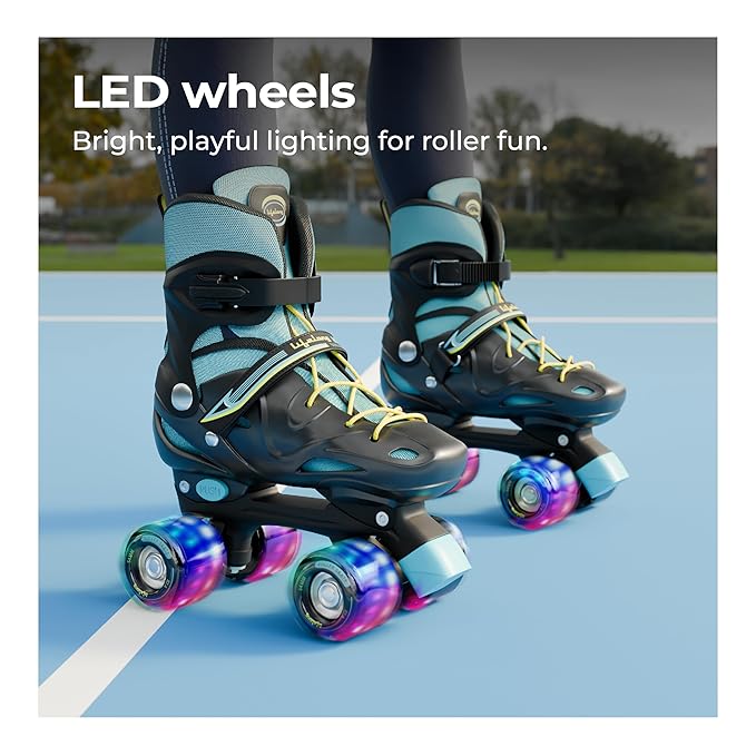 Lifelong Kids Adjustable Inline Skating Shoes with LED Lights – Durable Frame with Safety Pads, Adjustable Size (Euro 38–41, Blue, L)