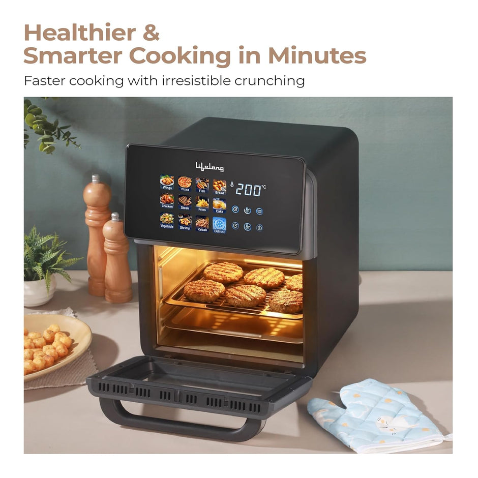Lifelong Air Fryer Oven 10L | 12 Preset Modes | 1350W Power | Healthy Low Oil Cooking, Rapid Air Technology, Glass Lid | LED Touch Display | Nonstick Easy Clean Kitchen Appliance with Oil Drip Tray