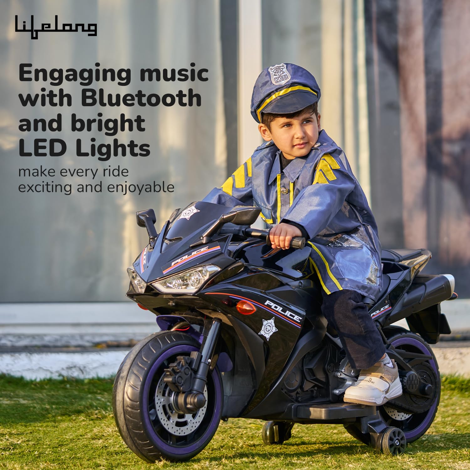Lifelong Cuppy Electric Ride-On Police Bike for Kids – LED Lights, Bluetooth Music, Battery Bike 2+ Years