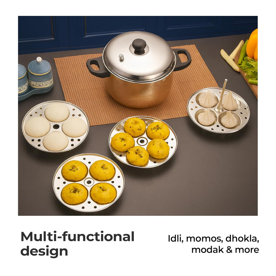 Lifelong Idli Cooker 4 Plate | 16 Idlis | Stainless Steel Idli Cooker, Induction And Gas Stove Compatible Idli Maker (LLIDCKR04, Steel Silver), 5 Litres