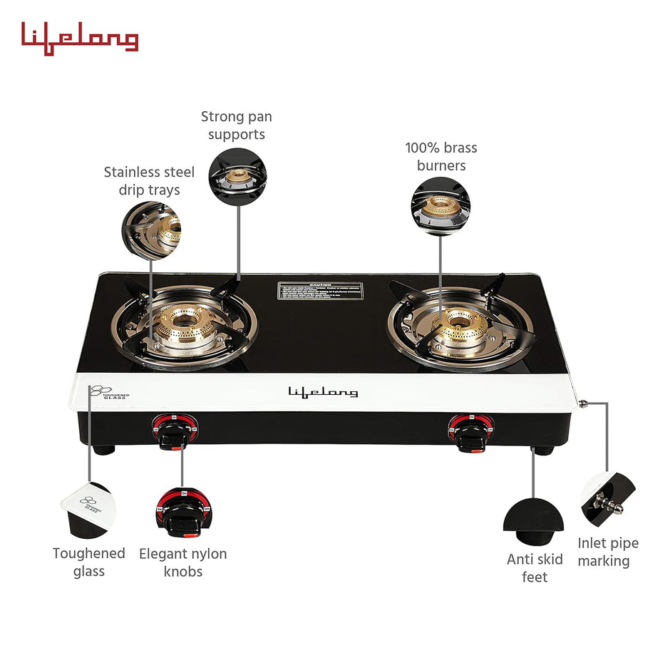 Lifelong Glass Top 2 Burner Gas Stove | Premium Design, Brass Burner| Toughened Glass High Thermal Efficiancy|Manual (Black and White) LLGS211, ISI Certified 2 Burners