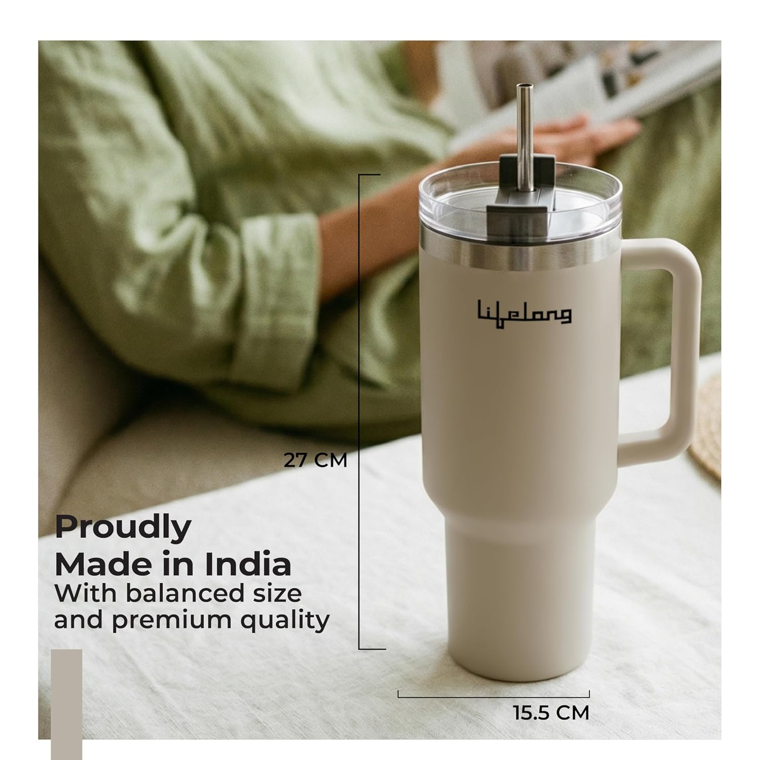 Lifelong Double-Walled Vacuum Insulated Tumbler with Unbreakable Lid & Straw 1200ml