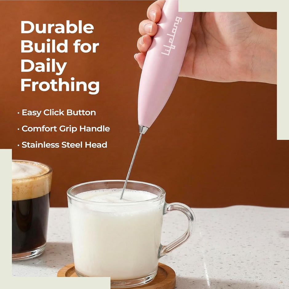 Lifelong Handheld Milk & Coffee Frother with Stand | 2AA Battery-Operated, Stainless-Steel Whisk | Foamer for Coffee, Cream, Matcha, Egg Beater | Portable Kitchen Appliance for Whipping & Mixing(Pink)