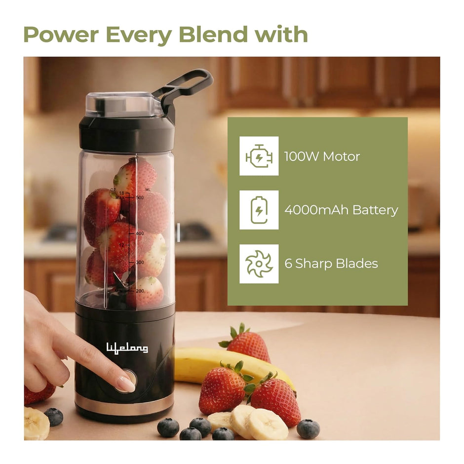 Lifelong Portable Blender 650ml | Portable Juicer Mixer for Smoothies & Juice | 4000mAh USB Rechargeable | 6 Stainless Steel Blades, Durable ABS Build | Detachable Build for Easy Clean | Carry Handle