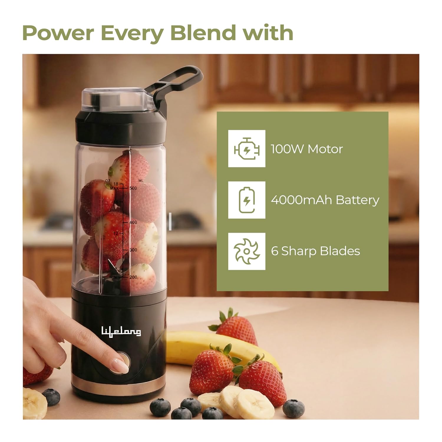 Lifelong Portable Blender 650ml | Portable Juicer Mixer for Smoothies & Juice | 4000mAh USB Rechargeable | 6 Stainless Steel Blades, Durable ABS Build | Detachable Build for Easy Clean | Carry Handle