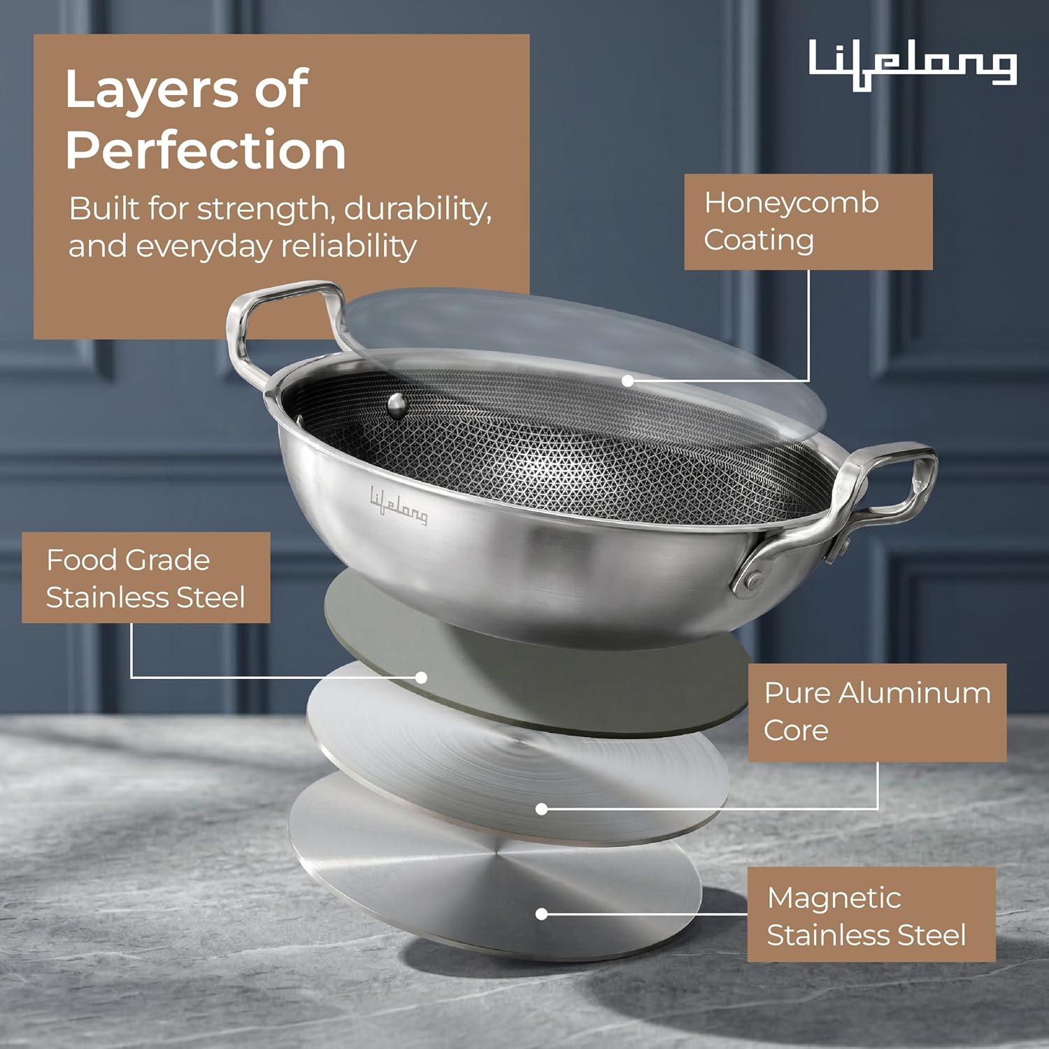 Lifelong Triply Honeycomb Kadhai 26 Cm | Extra Deep Stainless Steel | 3-Layered Nonstick Coating