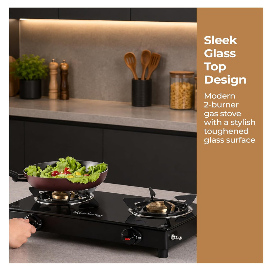 Lifelong 2 Burner Gas Stove Top for Kitchen - Manual Ignition Cooktop Modern Glass Stove for Modular Kitchen, ISI Certified & Compatible with LPG - 1 Year Manufacturer's (Black, LLGS002)