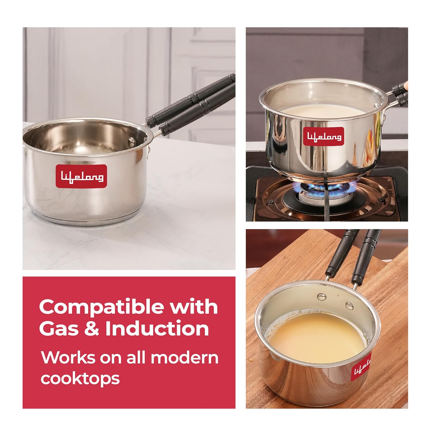 Lifelong Stainless Steel Heavy Bottom Saucepan with Glass Lid | 16cm, 2.25 L | Induction & Gas Stove Compatible | Saucepan with Handle & Knobs | Tea, Milk-Boiling Pot (LLSSP16, Silver)
