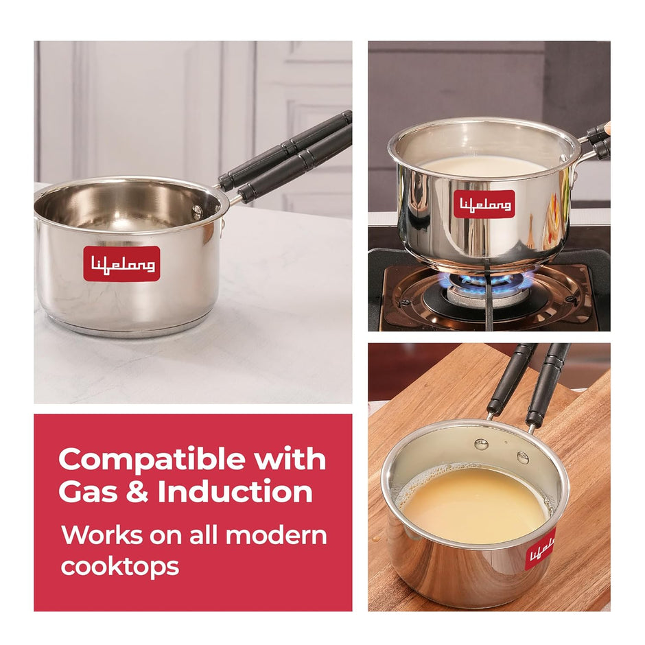 Lifelong Stainless Steel Heavy Bottom Saucepan | 1.5L, 17cm Saucepan with Handle | Milk & Tea Boiling Pot for Kitchen | Induction & Gas Stove Compatible | Durable and Easy to Clean (LLSSP17)