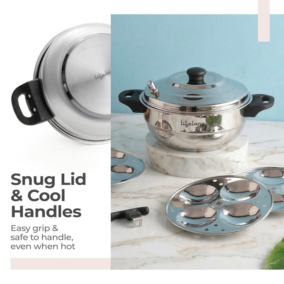 Lifelong Idli Cooker 3 Plate with Sandwich Bottom | 12 idlis | Stainless Steel Idli Cooker, Heavy Base Induction and Gas Stove Compatible Idli Maker (LLIDCKSB03, Steel Silver)