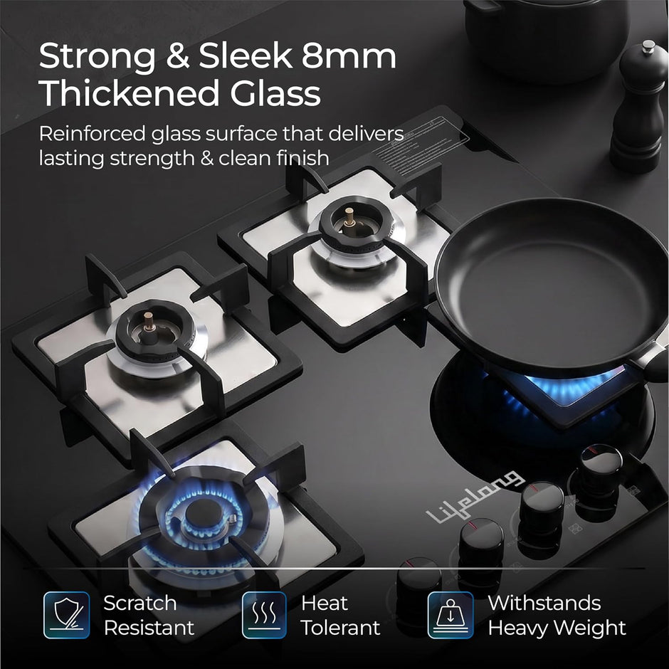 Lifelong 4 Burner Built-In Hob | 8mm Thick Toughened Glass | 360° Multidirectional Gas Inlet
