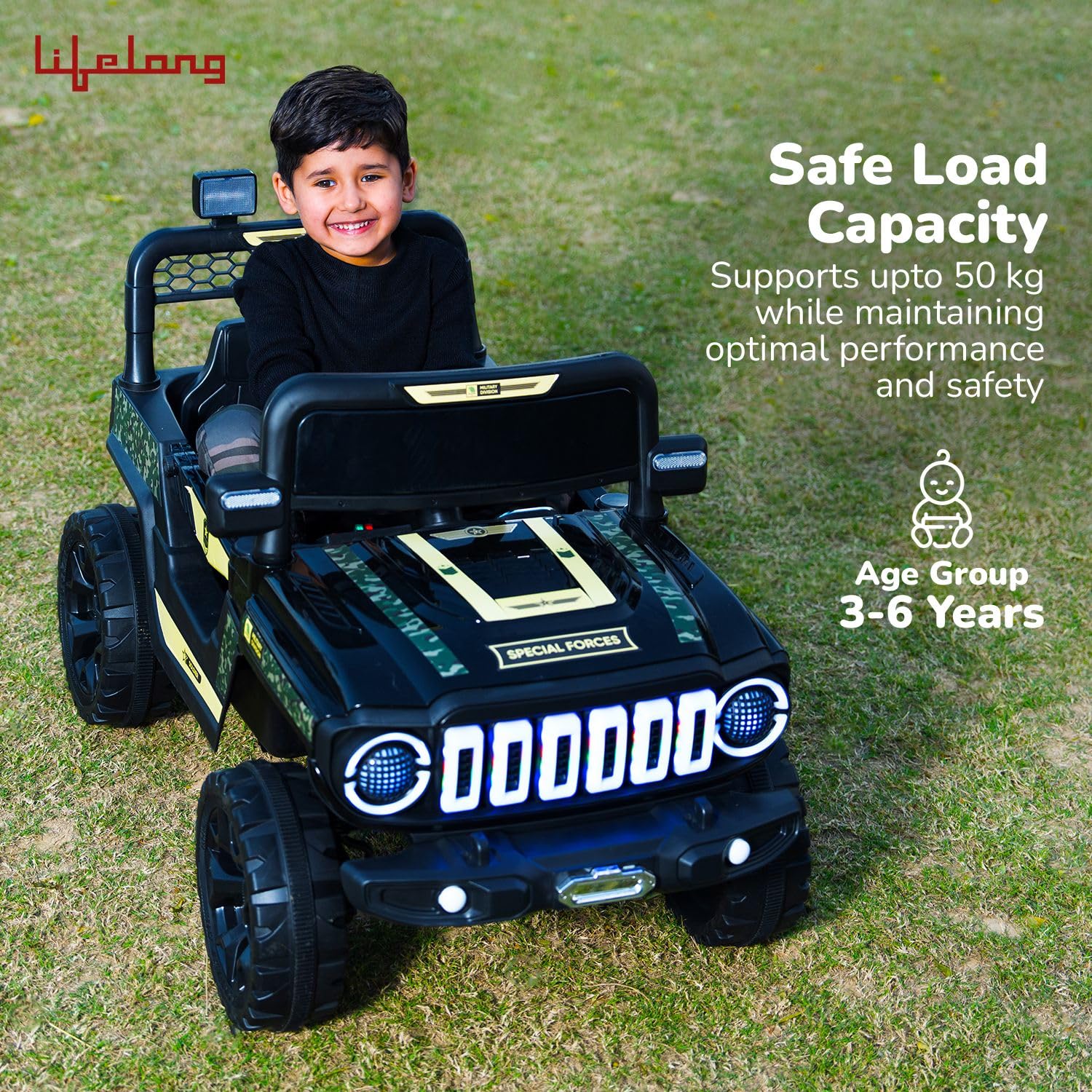 Lifelong Cuppy Electric Ride-On Police Car for Kids | Rechargeable Battery Jeep with Mic, Music & LED Lights | Ride-On Toy Vehicle for Boys & Girls 2+ Years (LLEV36)