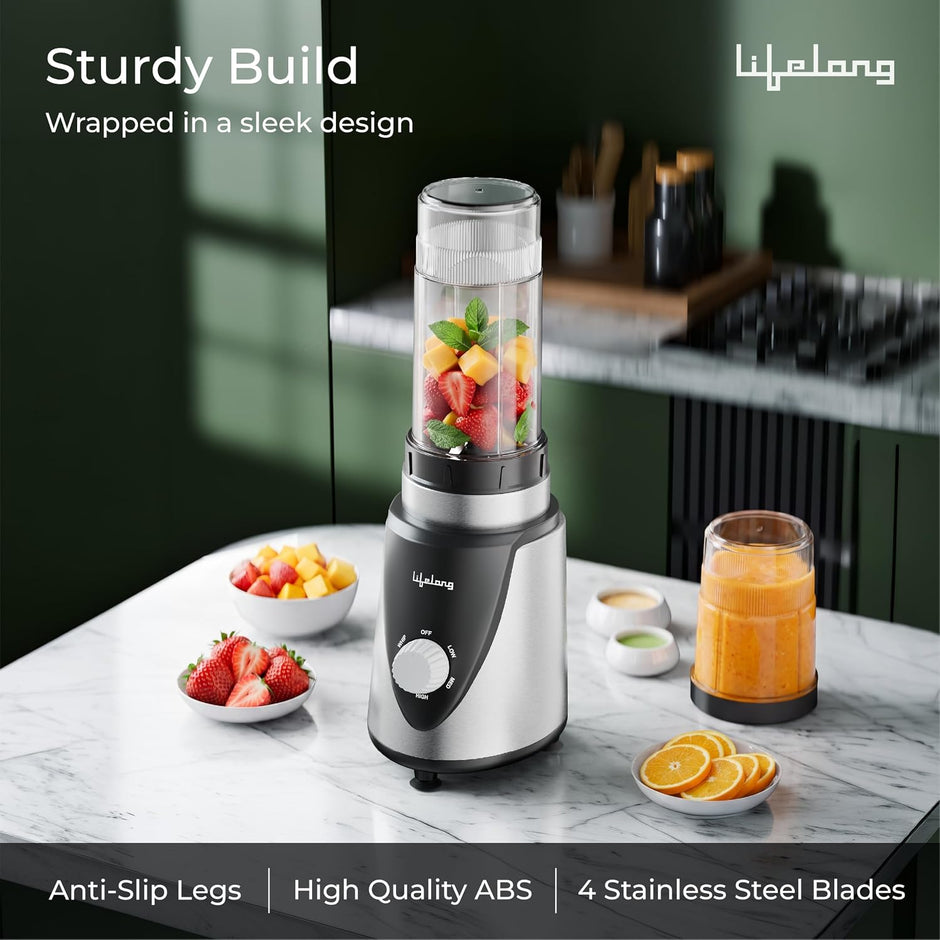 Lifelong Nutri Blender with 2 Jars (300ml, 500ml) | 450W Motor, 2 SS Blades(4 & 2 Leaf), 2 Lids(Strong & Sprinkler)
