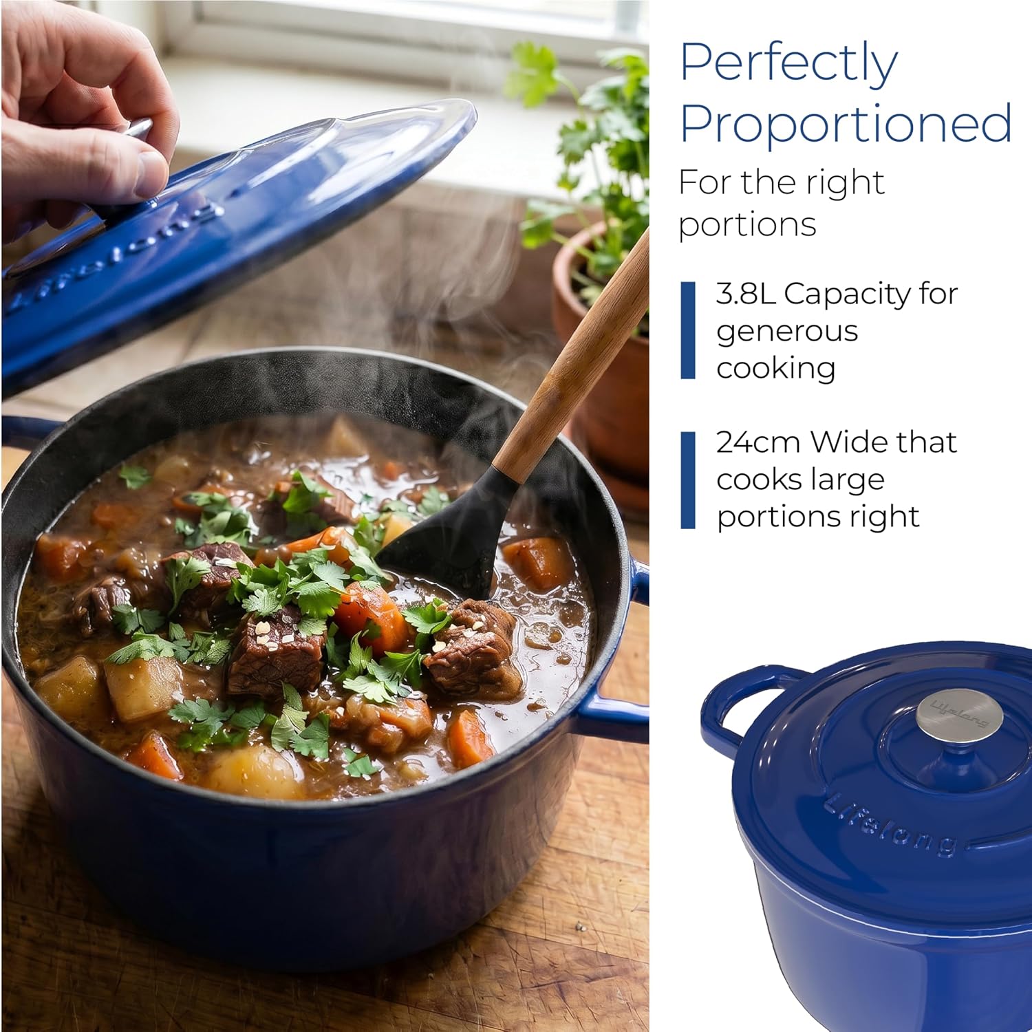 Lifelong Enamel Cast Iron Dutch Oven with Lid (5.6L, 28cm) | Oven, Gas & Induction Compatible