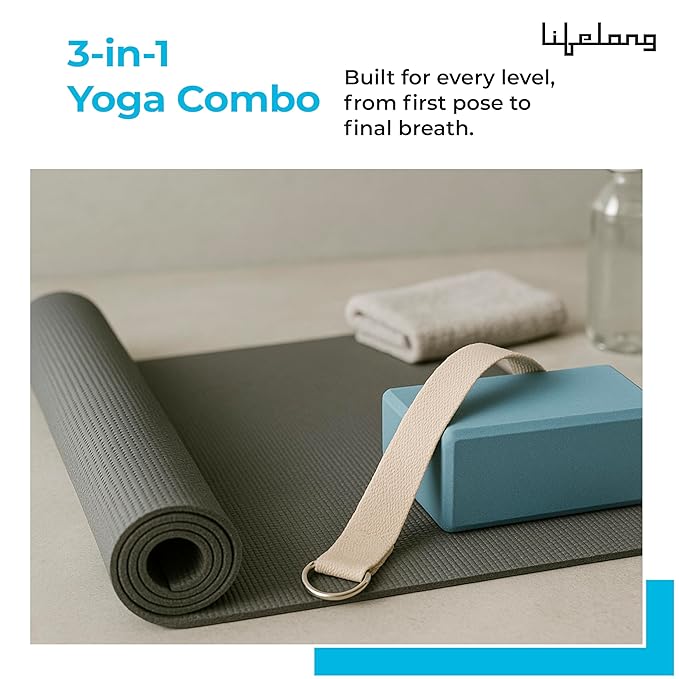 Lifelong Yoga Combo Set of 3 – 4mm Yoga Mat, 6ft Yoga Belt & Yoga Block for Men & Women