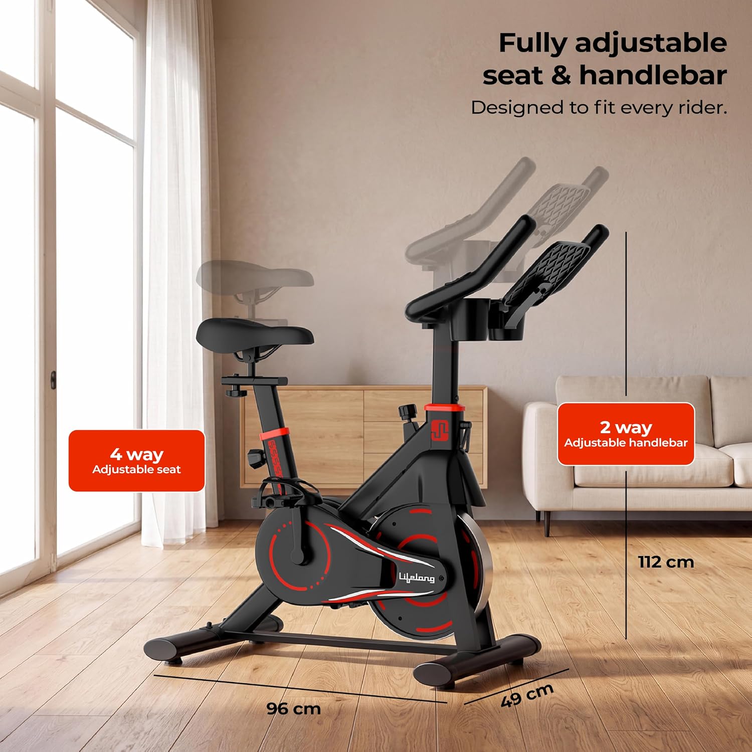 Lifelong Magnetic Spin Fitness Bike | 8kg Flywheel | 9-Level Adjustable Resistance | Heart Rate Sensors | Indoor Exercise Cycle | Stationary Bike | Cardio Workout Equipment | Max User Weight 120 kg